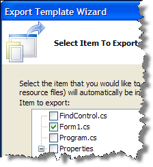 Export Template Wizard Select Item to Export