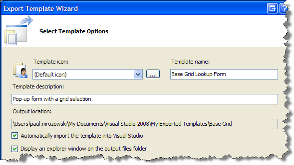 Export Template Wizard Select Template Options